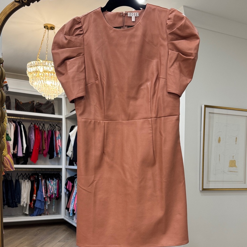 TCEC Terracotta Puff Sleeve Leather Dress
